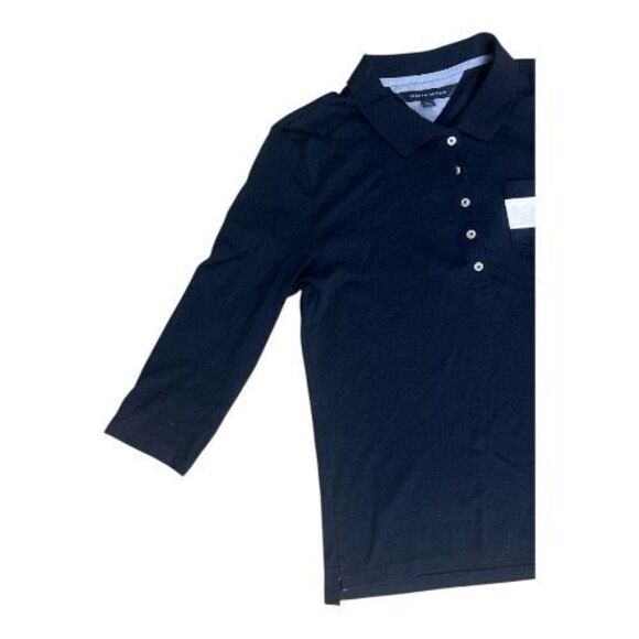 Tommy Hilfiger Women Navy Blue Polo Collar T-Shirt Size L Long Sleeve Badge Logo - Picture 3 of 12